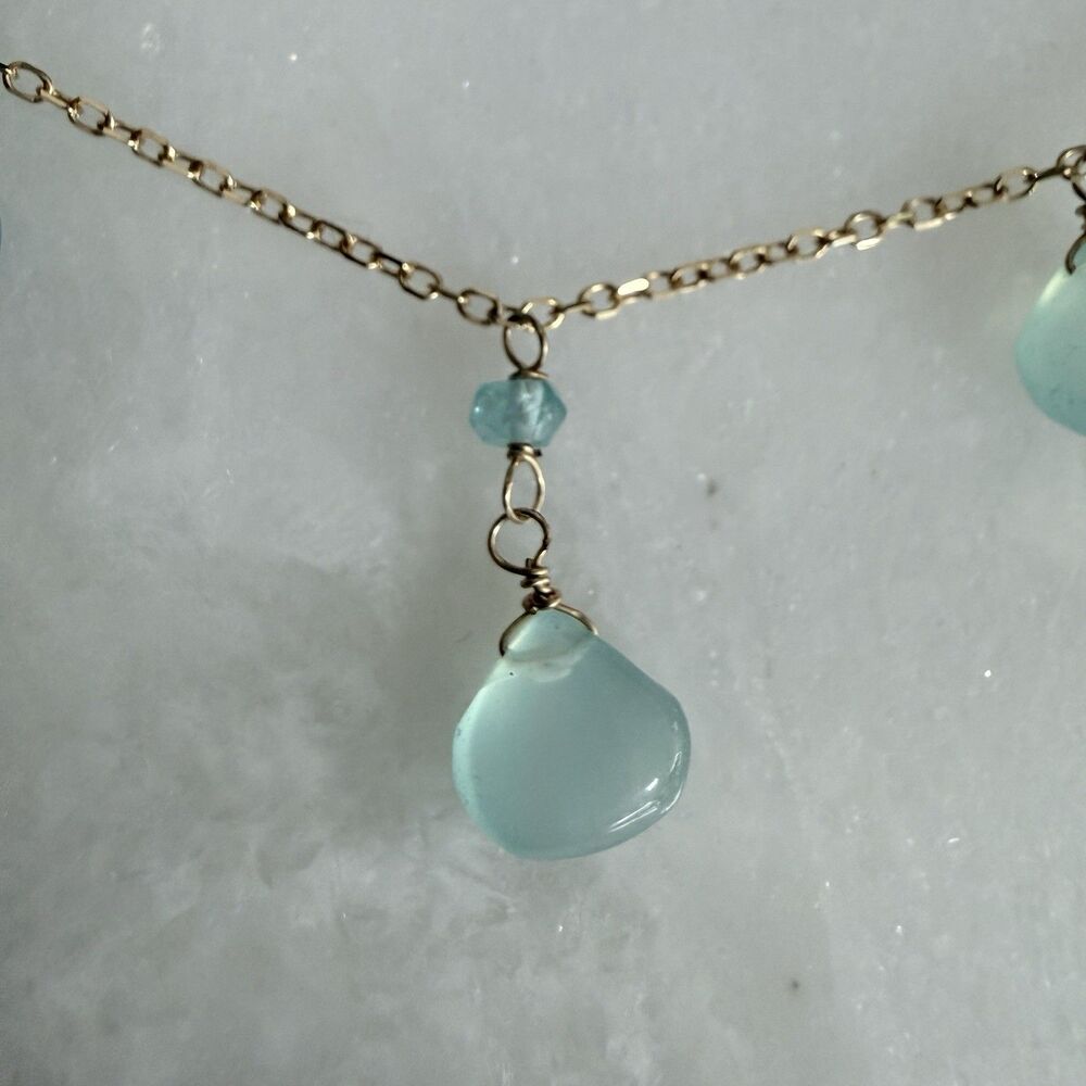 NEW Jewelmak 14K Gold Seafoam Chalcedony Necklace Earring Set Vintage Boho - Picture 4 of 15